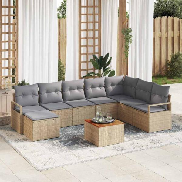 ARDEBO.de - 9-teiliges Garten Sofa Set mit Kissen Beiges Poly Rattan Akazie, 2-Sitzer Garten Sofa mit Stauraum & Kissen Beiges Poly Rattan