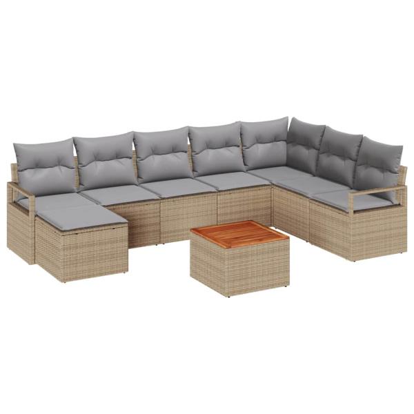 9-teiliges Garten Sofa Set mit Kissen Beiges Poly Rattan Akazie, 2-Sitzer Garten Sofa mit Stauraum & Kissen Beiges Poly Rattan