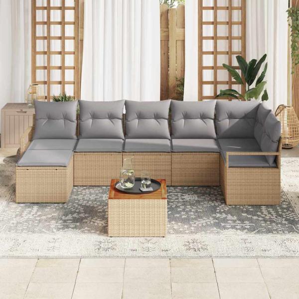 9-teiliges Garten Sofa Set mit Kissen Beiges Poly Rattan Akazie, 2-Sitzer Garten Sofa mit Stauraum & Kissen Beiges Poly Rattan