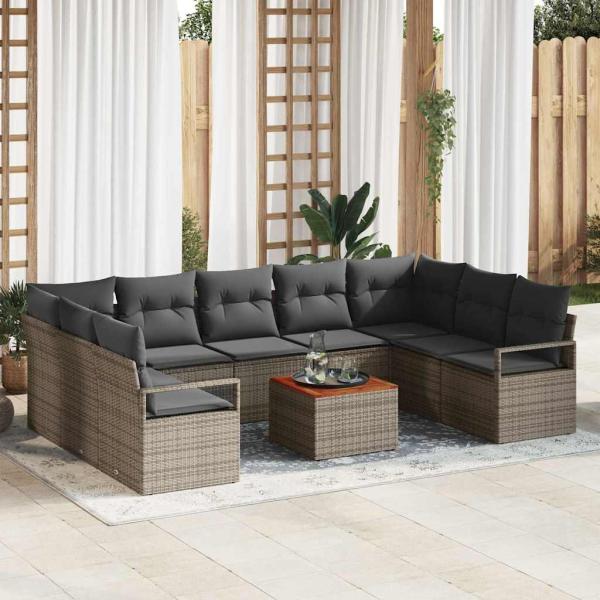 ARDEBO.de - 10-teiliges Garten-Sofa-Set mit Kissen Grau Poly Rattan Akazie, 2-Sitzer Garten-Sofa mit Stauraum & Kissen Grau Poly Rattan