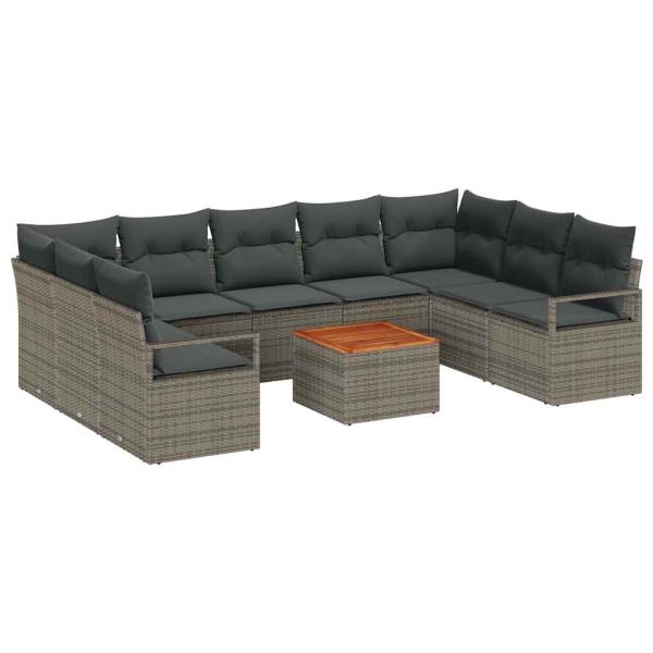 10-teiliges Garten-Sofa-Set mit Kissen Grau Poly Rattan Akazie, 2-Sitzer Garten-Sofa mit Stauraum & Kissen Grau Poly Rattan
