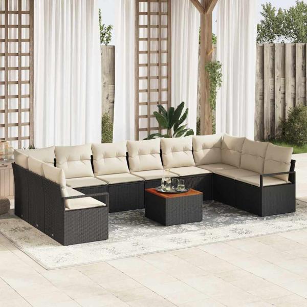ARDEBO.de - 11-teiliges Garten Sofa Set mit Kissen Schwarz Poly Rattan Akazie, 2-Sitzer Garten Sofa mit Stauraum & Kissen Schwarz Poly Rattan