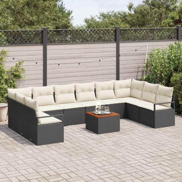 11-teiliges Garten Sofa Set mit Kissen Schwarz Poly Rattan Akazie, 2-Sitzer Garten Sofa mit Stauraum & Kissen Schwarz Poly Rattan