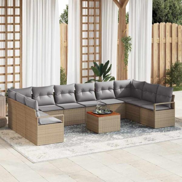 ARDEBO.de - 11-teiliges Garten Sofa Set mit Kissen Beige Poly Rattan Akazie, 2-Sitzer Garten Sofa mit Stauraum & Kissen Beige Poly Rattan