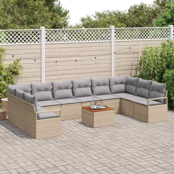 11-teiliges Garten Sofa Set mit Kissen Beige Poly Rattan Akazie, 2-Sitzer Garten Sofa mit Stauraum & Kissen Beige Poly Rattan