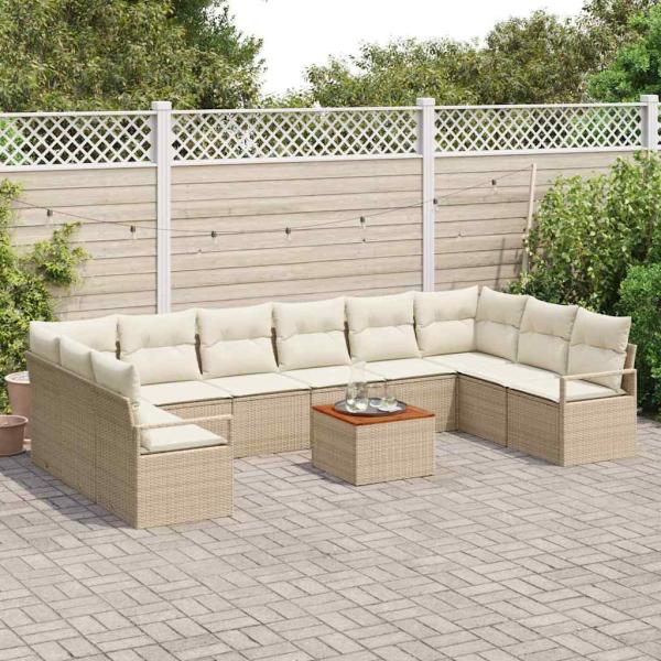 11-teiliges Garten Sofa Set mit Kissen Beige Poly Rattan Akazie, 2-Sitzer Garten Sofa mit Stauraum und Kissen Beige Poly Rattan