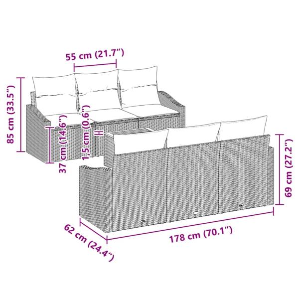 7-teiliges Garten Sofa Set mit Kissen Schwarz Poly Rattan Akazie