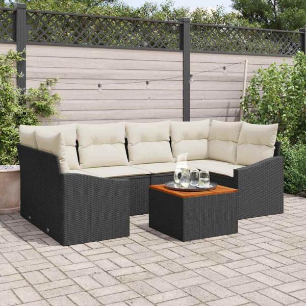 ARDEBO.de - 7-teiliges Garten Sofa Set mit Kissen Schwarz Poly Rattan Akazie