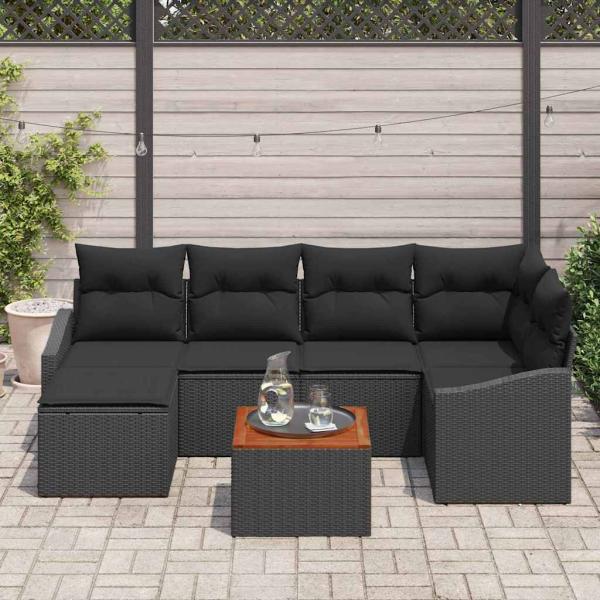 ARDEBO.de - 7-teiliges Garten Sofa Set mit Kissen Schwarz Poly Rattan Akazie