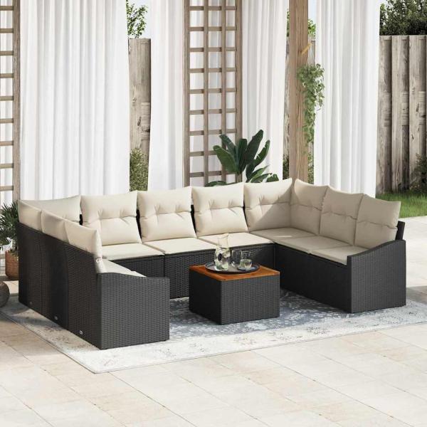 ARDEBO.de - 10-teilige Garten-Sofa-Set mit Kissen Schwarz Poly Rattan Akazie