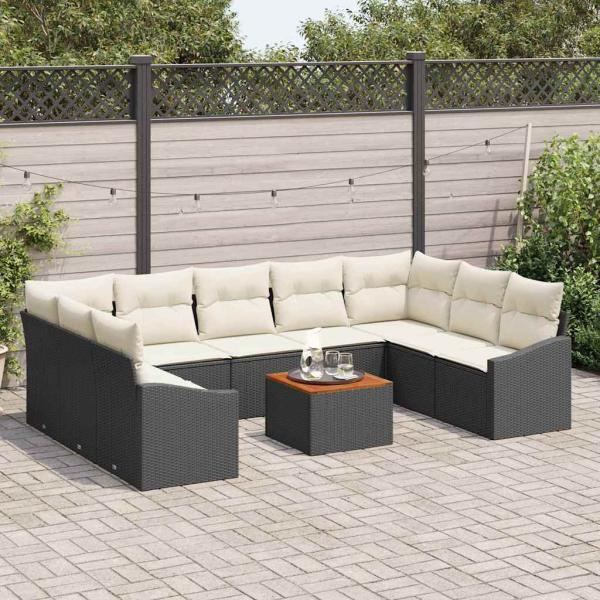 10-teilige Garten-Sofa-Set mit Kissen Schwarz Poly Rattan Akazie