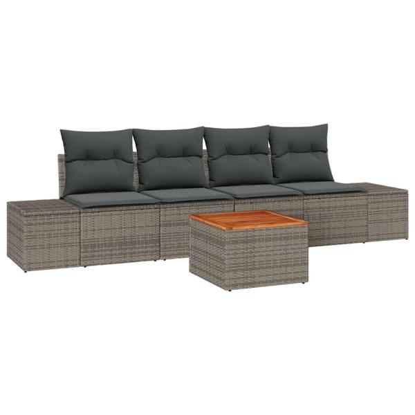 5-teiliges Garten-Sofa-Set mit Kissen Grau Poly-Rattan Akazie