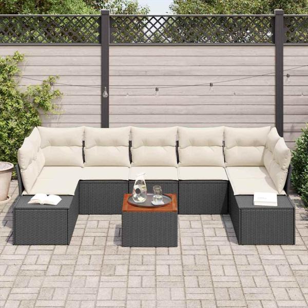 8-teiliges Garten-Sofa-Set mit Kissen Schwarz Poly-Rattan Akazie