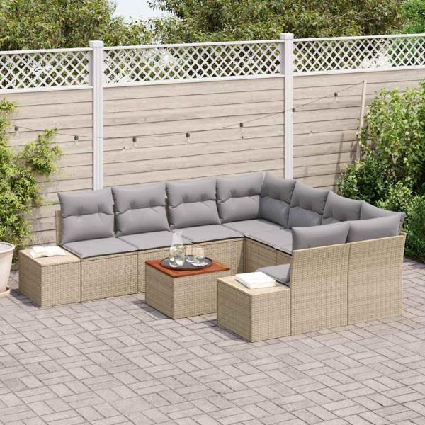 9-teiliges Garten-Sofa-Set mit Kissen Beige Poly-Rattan Akazie