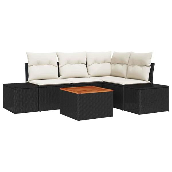 5-teiliges Garten Sofa Set mit Kissen in Schwarz Poly Rattan Akazie
