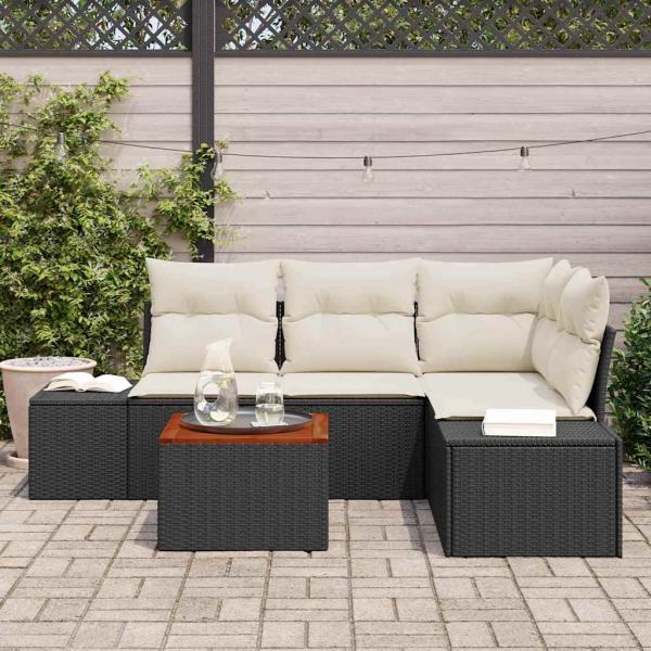 5-teiliges Garten Sofa Set mit Kissen in Schwarz Poly Rattan Akazie
