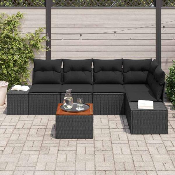 6-teiliges Garten Sofa Set mit Kissen Schwarz Poly Rattan Akazie