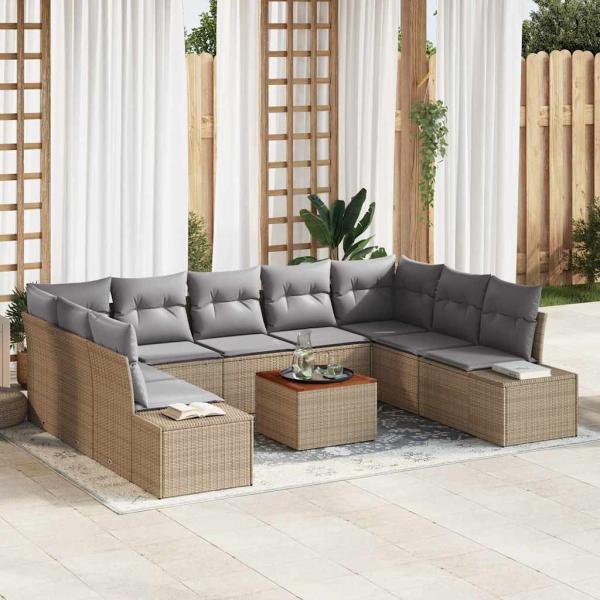ARDEBO.de - 10-teiliges Garten Sofa Set mit Kissen Beige Poly Rattan Akazie