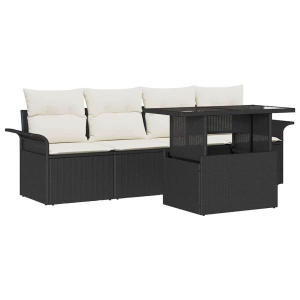 5-teilige Garten Sofa Set mit Kissen Schwarz Poly Rattan, 2-Sitzer Garten Sofa mit Stauraum & Kissen Schwarz Poly Rattan