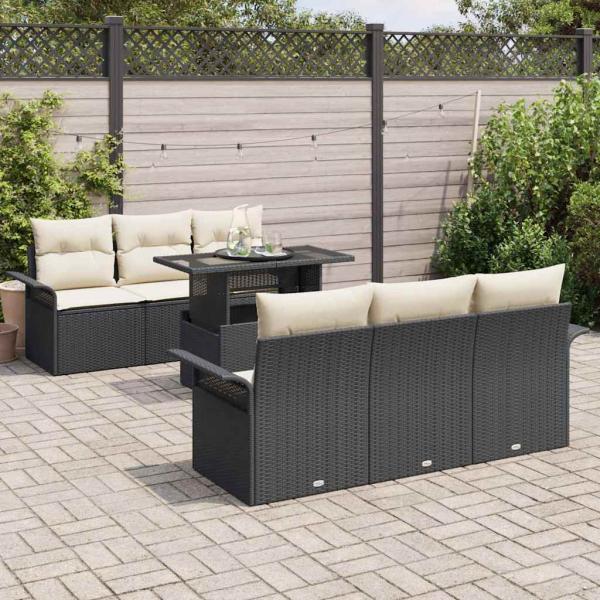 7-teiliges Garten-Sofa-Set mit Kissen Schwarz Poly-Rattan, 2-Sitzer Garten-Sofa mit Stauraum & Kissen Schwarz Poly-Rattan