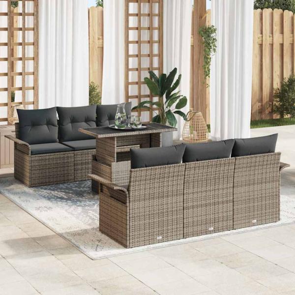 ARDEBO.de - 7-teiliges Garten-Sofaset Grau mit Kissen aus Poly-Rattan, 2-Sitzer Garten-Sofa Grau mit Stauraum & Kissen aus Poly-Rattan