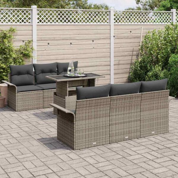 7-teiliges Garten-Sofaset Grau mit Kissen aus Poly-Rattan, 2-Sitzer Garten-Sofa Grau mit Stauraum & Kissen aus Poly-Rattan