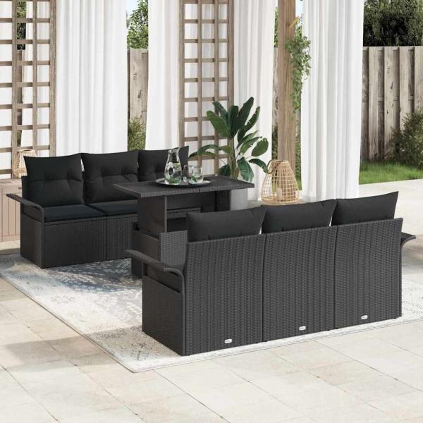ARDEBO.de - 7-teiliges Garten Sofa Set mit Kissen Schwarz Poly Rattan, 2-Sitzer Garten Sofa mit Stauraum & Kissen Schwarz Poly Rattan