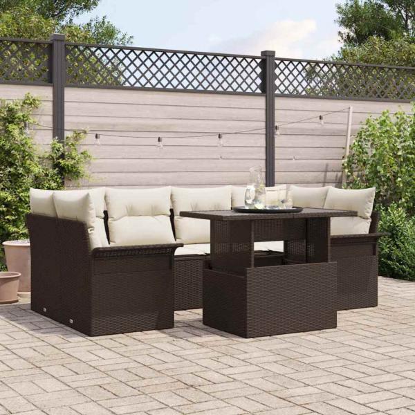 ARDEBO.de - 7-teiliges Garten-Sofa-Set mit Kissen aus braunem Poly-Rattan, 2-Sitzer Garten-Sofa mit Stauraum & Kissen aus braunem Poly-Rattan