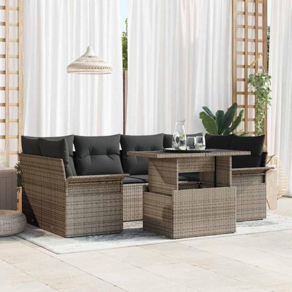 ARDEBO.de - 7-teiliges Garten-Sofaset mit Kissen Grau Poly Rattan, 2-Sitzer Garten-Sofa mit Stauraum & Kissen Grau Poly Rattan