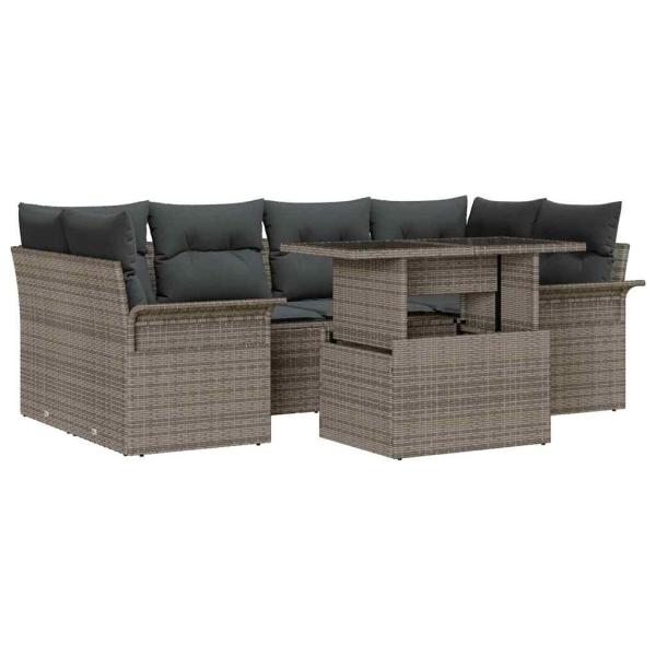 7-teiliges Garten-Sofaset mit Kissen Grau Poly Rattan, 2-Sitzer Garten-Sofa mit Stauraum & Kissen Grau Poly Rattan