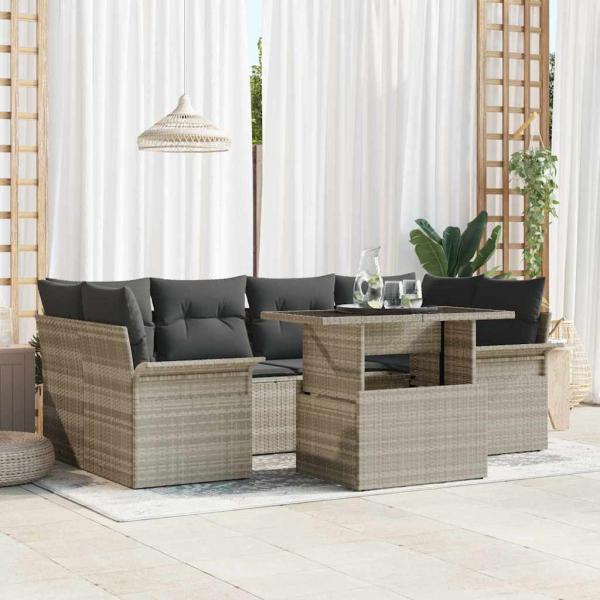 7-teiliges Garten Sofa Set mit Kissen in Hellgrau Poly Rattan, 2-Sitzer Garten Sofa mit Stauraum & Kissen in Hellgrau Poly Rattan
