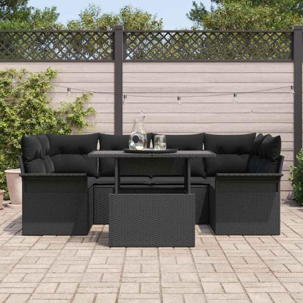 7 teilige Garten Sofagarnitur mit Kissen Schwarz Poly Rattan, 2-Sitzer Garten Sofa mit Stauraum & Kissen Schwarz Poly Rattan