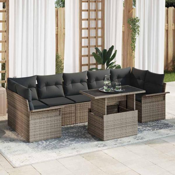 ARDEBO.de - 8-teiliges Garten Sofa Set mit Kissen Grau Poly Rattan, 2-Sitzer Garten Sofa mit Stauraum & Kissen Grau Poly Rattan