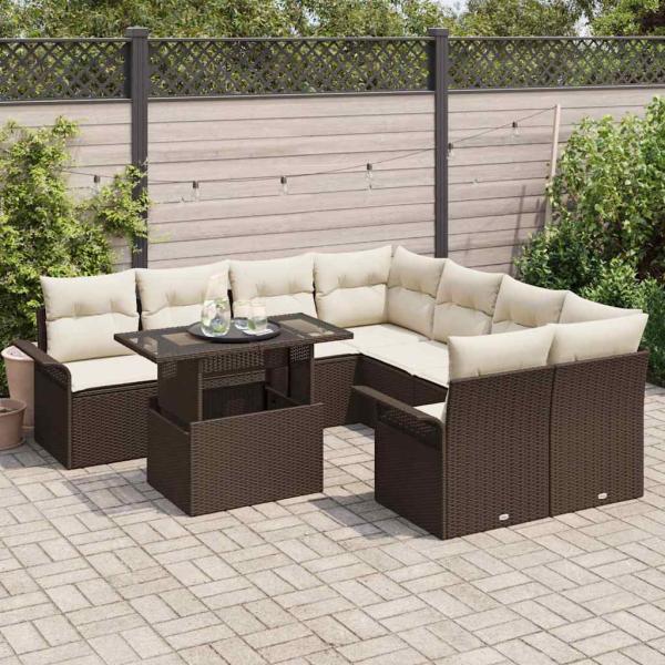 9-teiliges Garten Sofa Set mit Kissen Braunes Poly Rattan, 2-Sitzer Garten Sofa mit Stauraum & Kissen Braun Poly Rattan