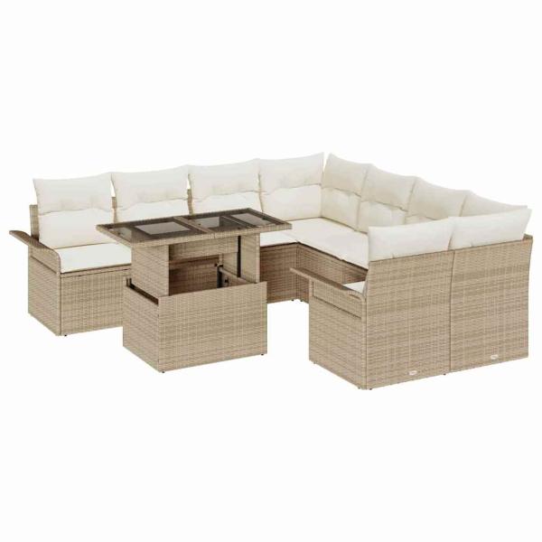 9-teiliges Garten Sofa Set mit Kissen Beige Poly Rattan, 2-Sitzer Garten Sofa mit Stauraum & Kissen Beige Poly Rattan