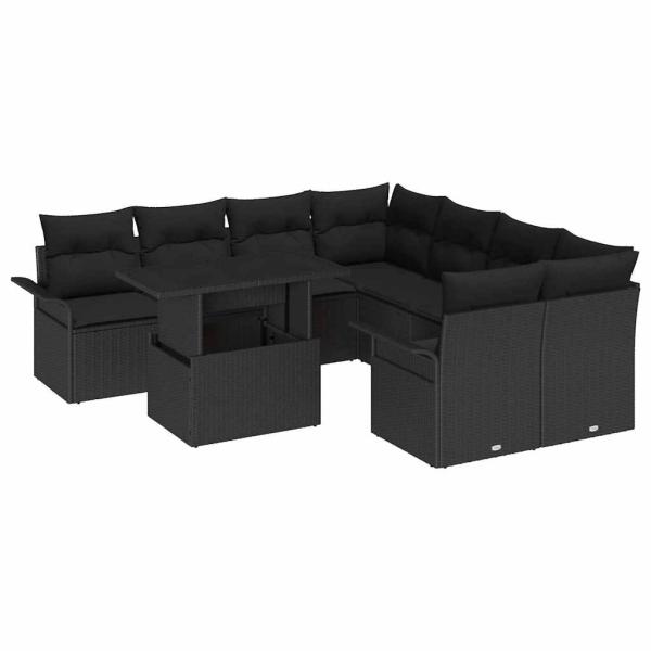 9-teiliges Garten Sofa Set mit Kissen Schwarz Poly Rattan, 2-Sitzer Garten Sofa mit Stauraum und Kissen Schwarz Poly Rattan