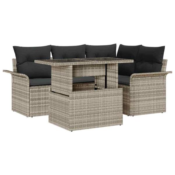 ARDEBO.de - 5-teiliges Garten Sofa Set mit Kissen Hellgrau Poly Rattan, 2-Sitzer Garten Sofa mit Stauraum & Kissen Hellgrau Poly Rattan