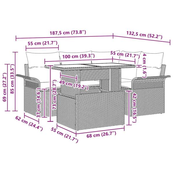 5-teiliges Garten Sofa Set mit Kissen Hellgrau Poly Rattan, 2-Sitzer Garten Sofa mit Stauraum & Kissen Hellgrau Poly Rattan