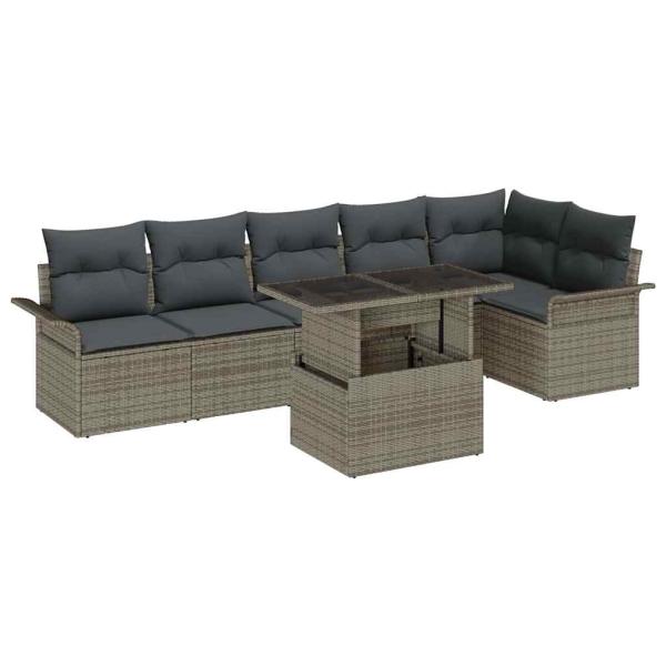 ARDEBO.de - 7-teiliges Garten-Sofa-Set mit Kissen Grau Poly-Rattan, 2-Sitzer Garten-Sofa mit Stauraum & Kissen Grau Poly-Rattan