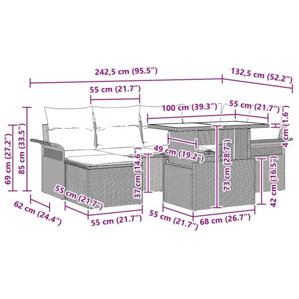 7-teiliges Garten Sofa Set mit Kissen in Schwarz Poly Rattan, 2-Sitzer Garten Sofa mit Stauraum & Kissen in Schwarz Poly Rattan