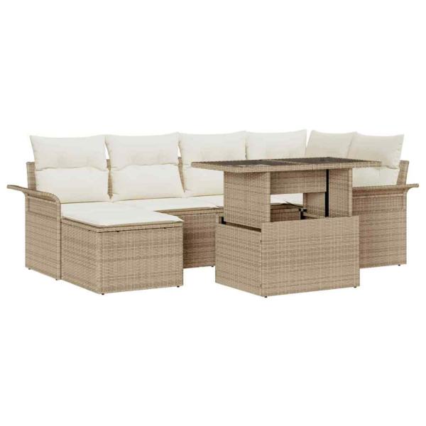 ARDEBO.de - 7-teiliges Garten Sofa Set mit Kissen Beige Poly Rattan, 2-Sitzer Garten Sofa mit Stauraum & Kissen Beige Poly Rattan