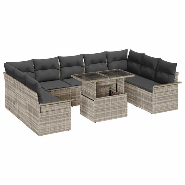 ARDEBO.de - 10-teiliges Garten Sofa Set mit Kissen Hellgraues Poly Rattan, 2-Sitzer Garten Sofa mit Stauraum & Kissen Hellgraues Poly Rattan