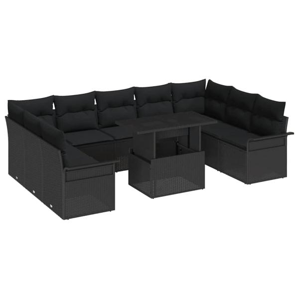 ARDEBO.de - 10-teiliges Garten Sofa Set mit Kissen Schwarz Poly Rattan, 2-Sitzer Garten Sofa mit Stauraum & Kissen Schwarz Poly Rattan