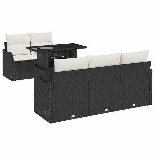 ARDEBO.de - 6-teiliges Garten Sofa Set mit Kissen Schwarz Poly Rattan, 2-Sitzer Garten Sofa mit Stauraum & Kissen Schwarz Poly Rattan