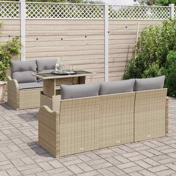 6-teiliges Garten Sofa Set mit Kissen Beige Poly Rattan, 2-Sitzer Garten Sofa mit Stauraum & Kissen Beige Poly Rattan