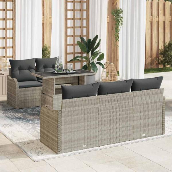 ARDEBO.de - 6-teiliges Garten Sofa Set mit Kissen Hellgrau Poly Rattan, 2-Sitzer Garten Sofa mit Stauraum & Kissen Hellgrau Poly Rattan