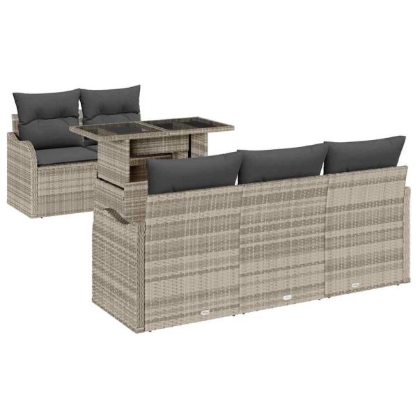 6-teiliges Garten Sofa Set mit Kissen Hellgrau Poly Rattan, 2-Sitzer Garten Sofa mit Stauraum & Kissen Hellgrau Poly Rattan