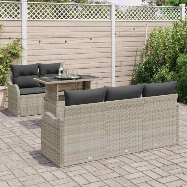6-teiliges Garten Sofa Set mit Kissen Hellgrau Poly Rattan, 2-Sitzer Garten Sofa mit Stauraum & Kissen Hellgrau Poly Rattan