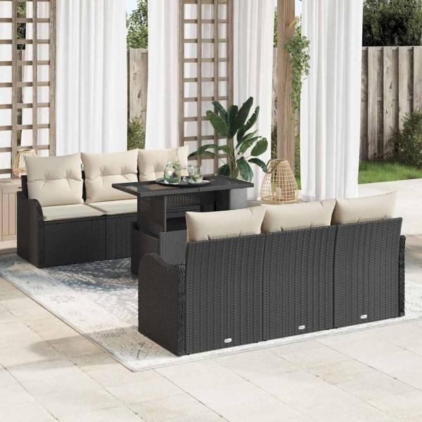 ARDEBO.de - 7-teiliges Garten Sofa Set mit Kissen Schwarz Poly Rattan, 2-Sitzer Garten Sofa mit Stauraum & Kissen Schwarz Poly Rattan