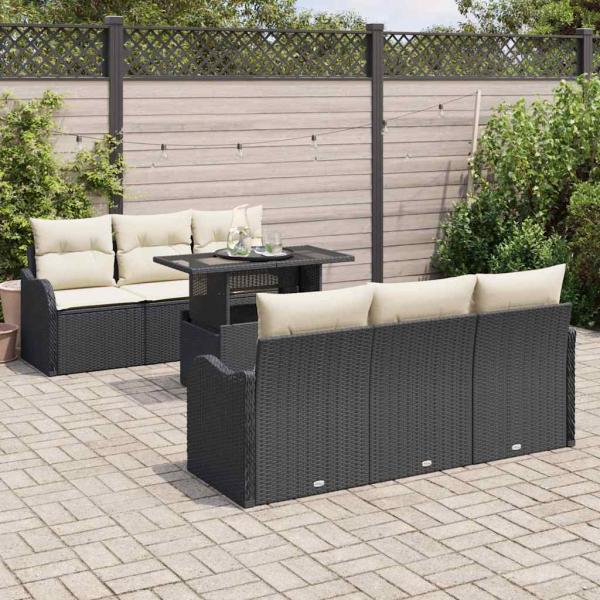 7-teiliges Garten Sofa Set mit Kissen Schwarz Poly Rattan, 2-Sitzer Garten Sofa mit Stauraum & Kissen Schwarz Poly Rattan